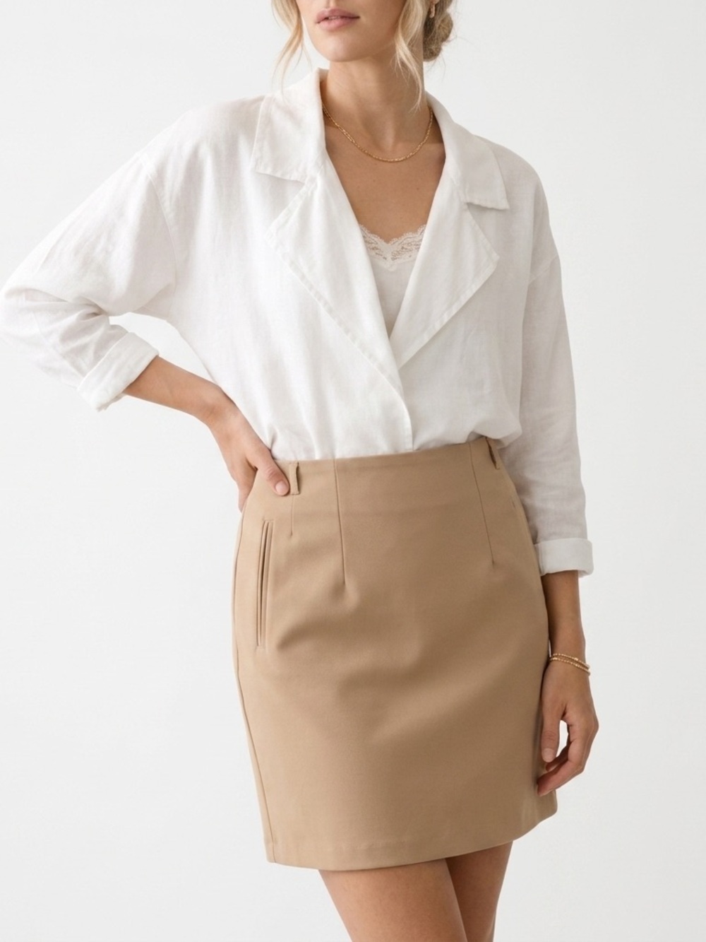 H&M Mini Skirt Ponte Fabrication Straight Line Belt Loops Camel Beige 8